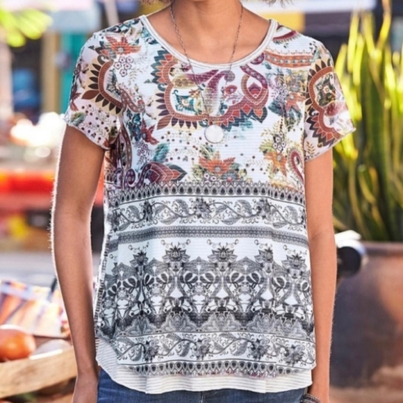 Sundance Size Small Creative Type Floral Mesh Overlay Stripe Top Stretchy Boho - Picture 2 of 12